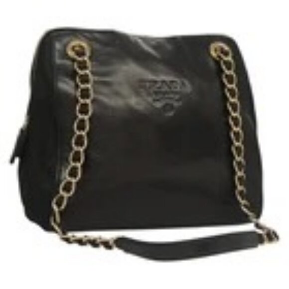 PRADA Chain Shoulder Bag Leather Black Gold Auth yk18939 - Picture 1 of 16